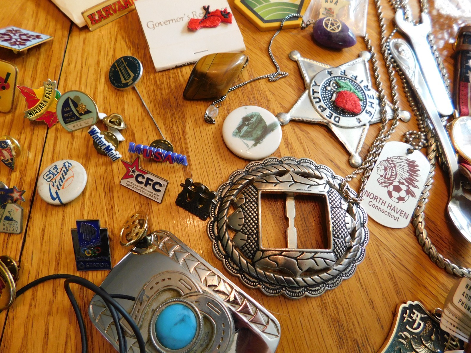 JEWELRY BOX LOT Mens Pins Necklaces Bracelets Chains Coins Watches Coins Tokens