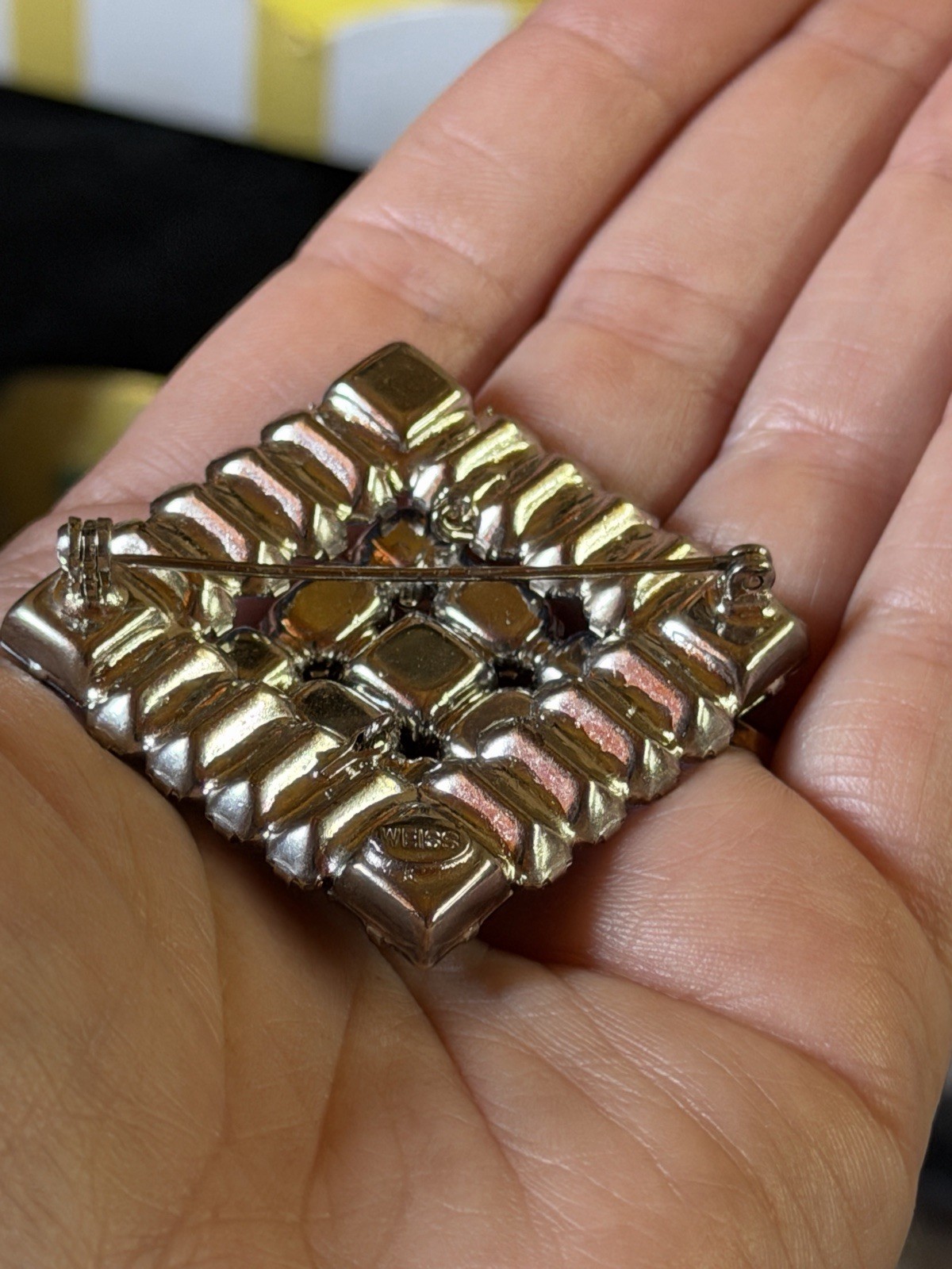 Weiss Blue Rhinestone Square Cluster Brooch Pin Silver Tone Baguette Stones