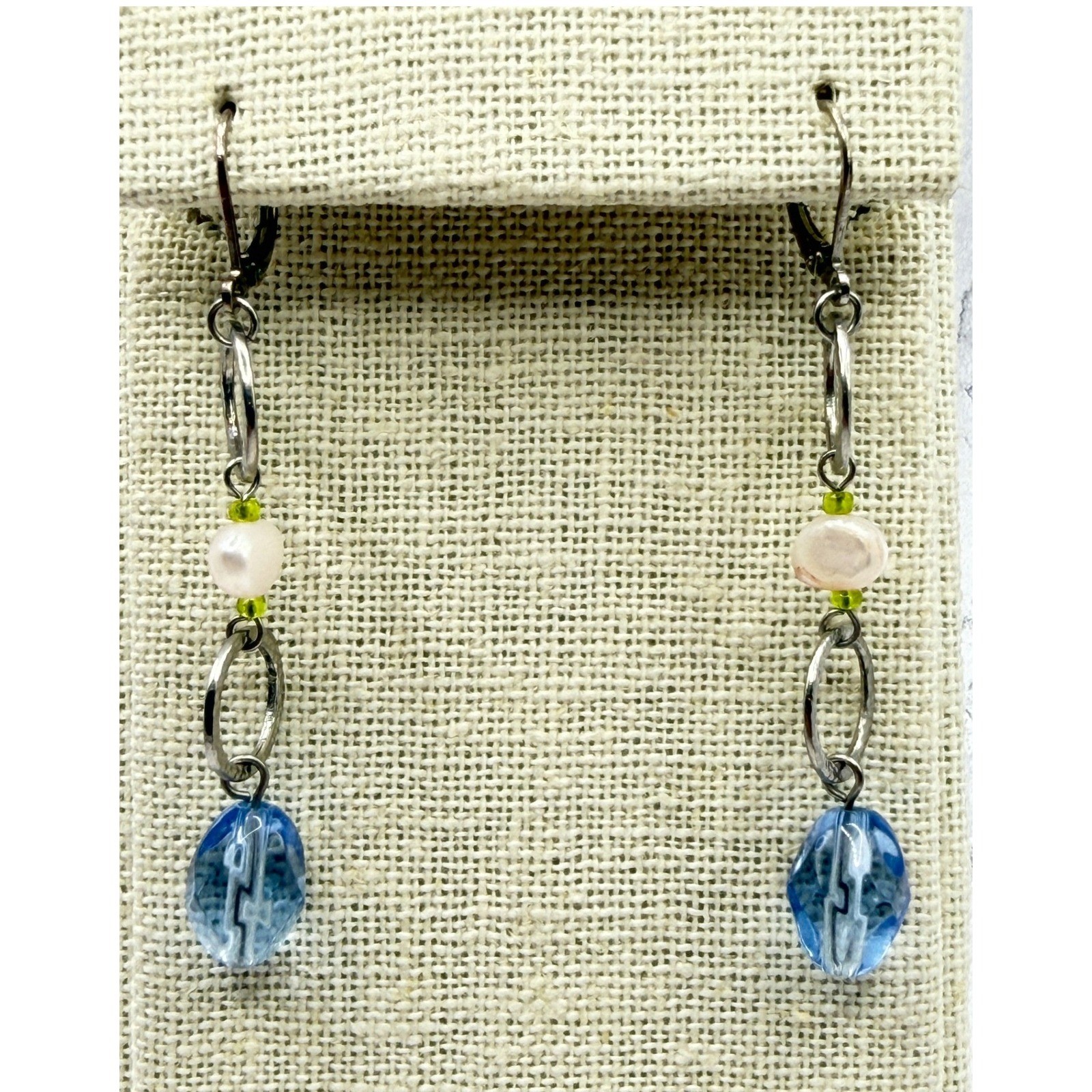 Blue Glass Pearl Dangle Earrings Hammered Silver Tone 2.5″ Watch Video