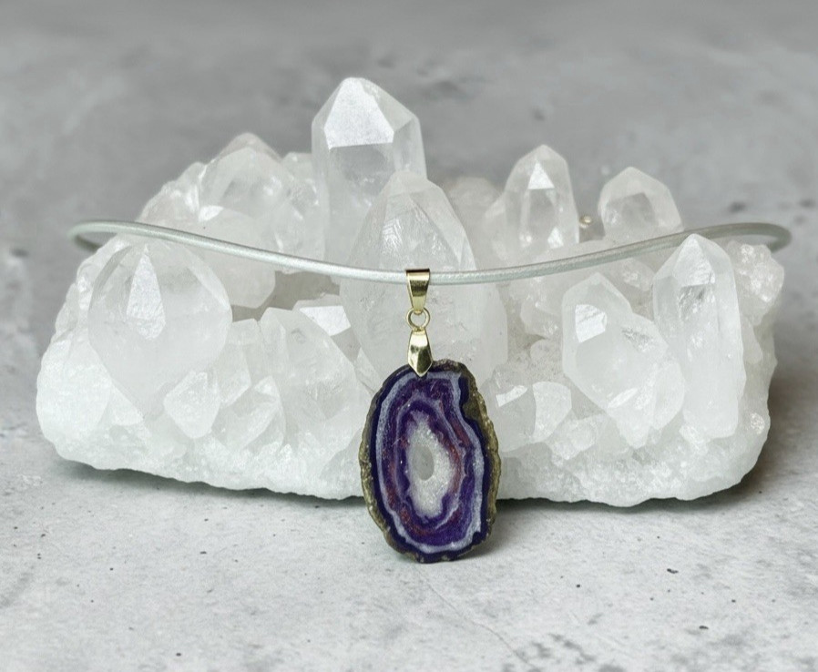 Sm Faux Amethyst Geode Slice Polymer Clay Handmade Pendant Necklace SS Clasp