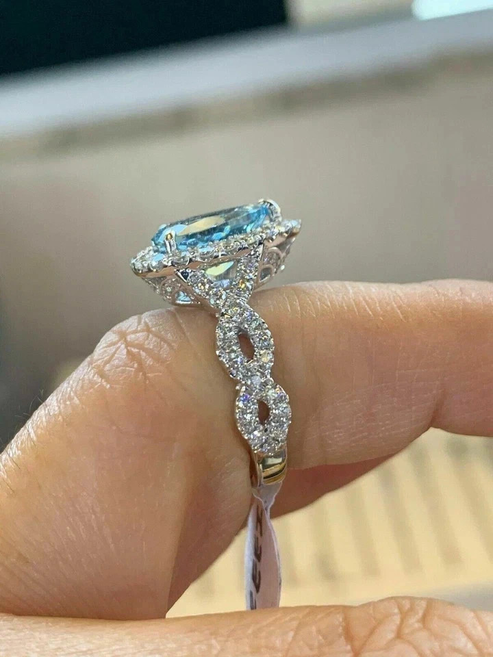 2.50Ct Pear Cut Natural Aquamarine Diamond Wedding Ring 14K White Gold Size 6 7