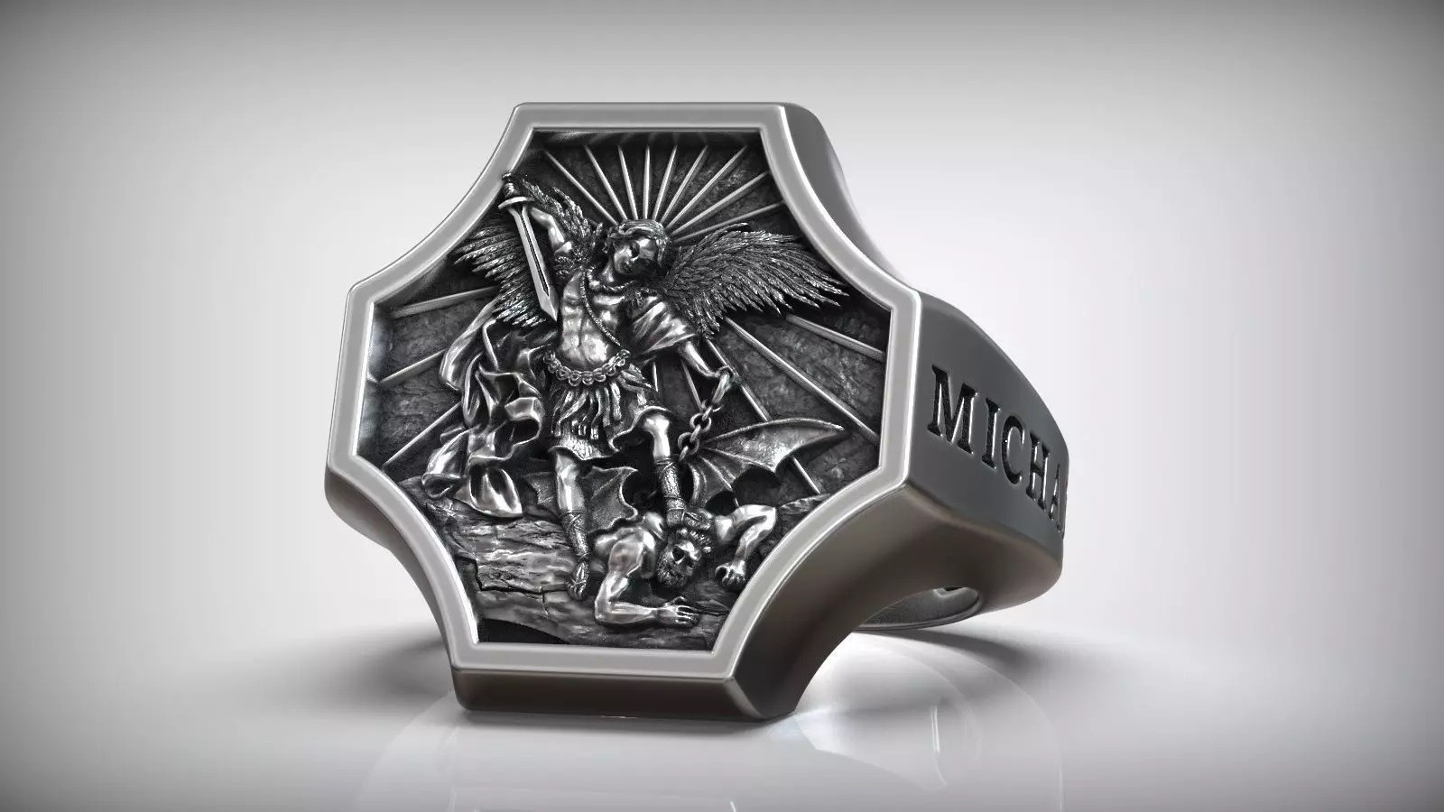 Oxidized Archangel Michael Defeating Satan Basrelief 925 Silver Statement Rings