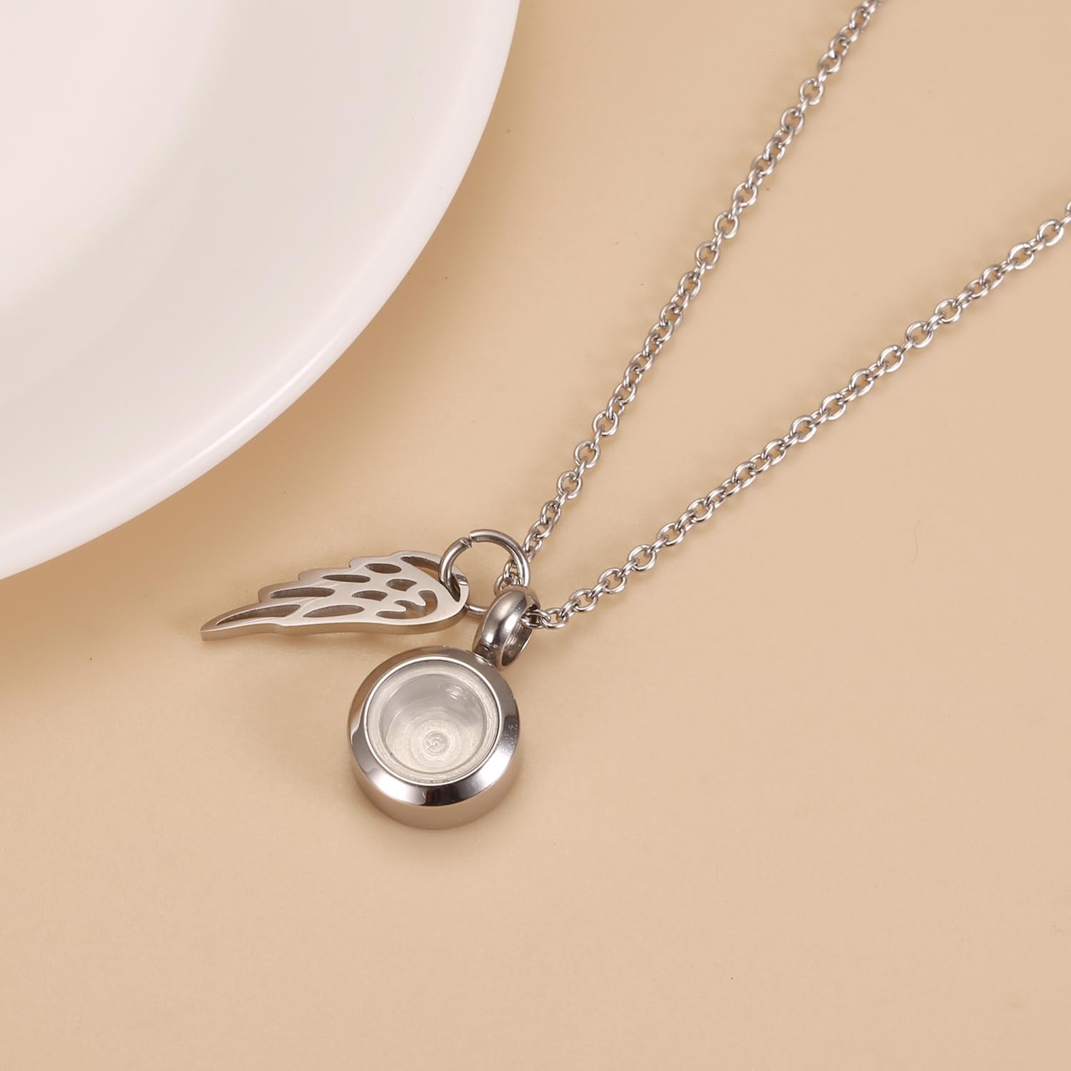 Tiny Glass Round Cremation Urn Necklace For Ashes For Women With Angel Wing S…
