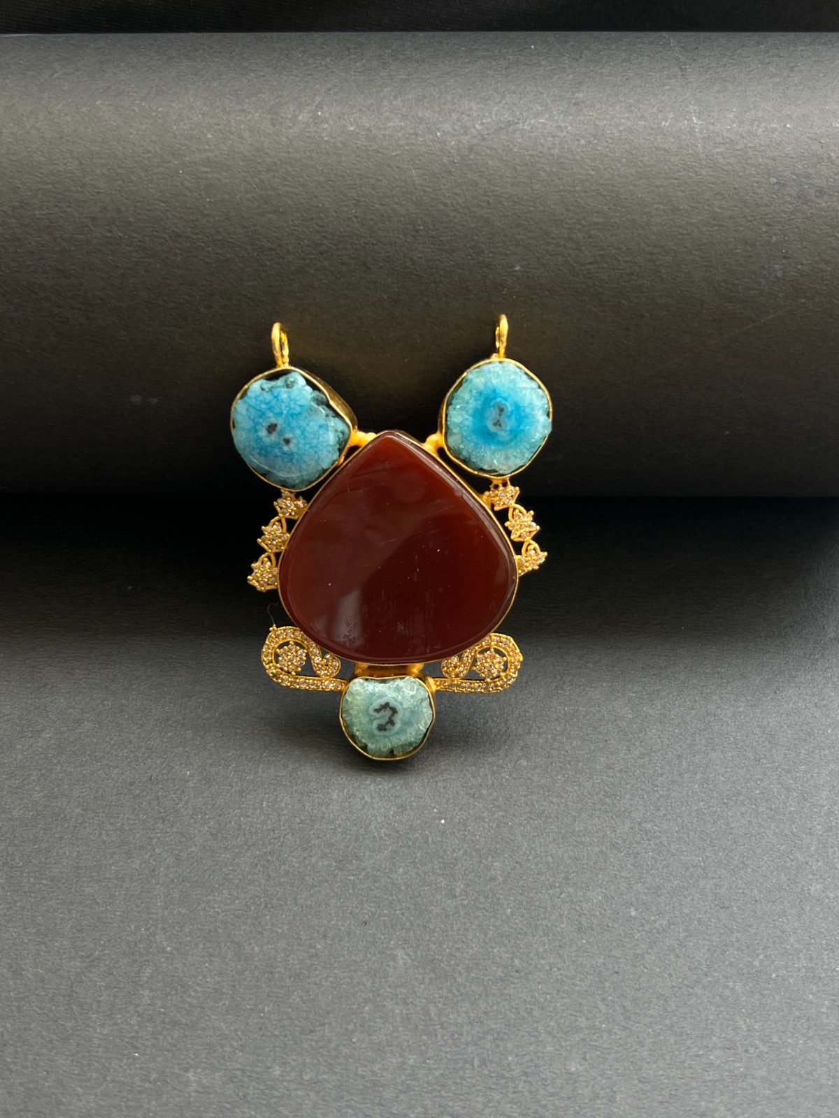 Designer Pendant Red Agate & Blue Druzy | Gold Plated Luxury Statement Jewelry