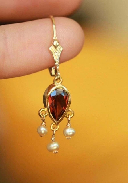 Unique Dangle Earrings 2Ct Pear Lab Created Garnet 14K Yellow Gold Plated Silver