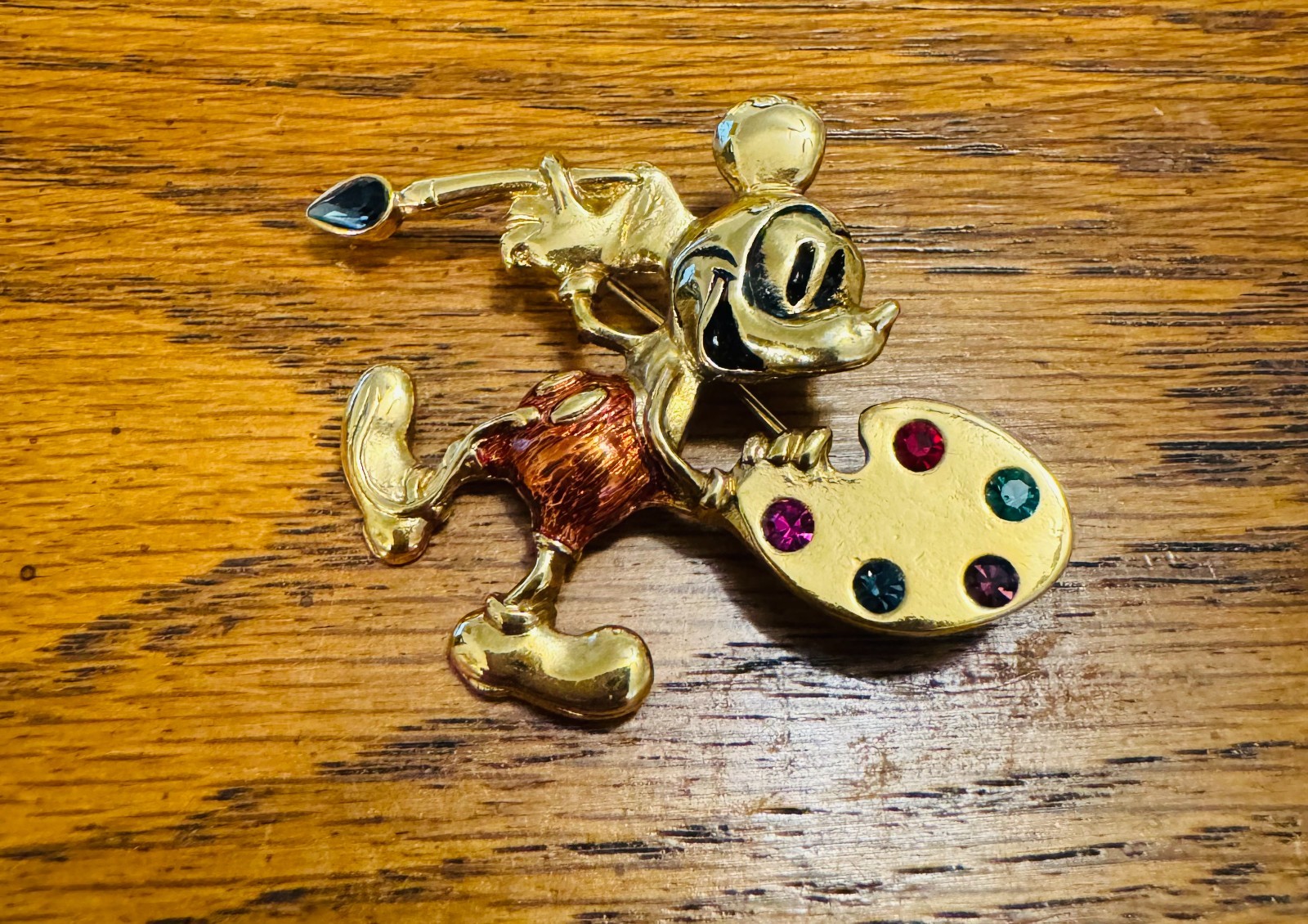 Vintage Disney Mickey Mouse Artist Painter Brooch Pin Gold Tone Rhinestone Palet