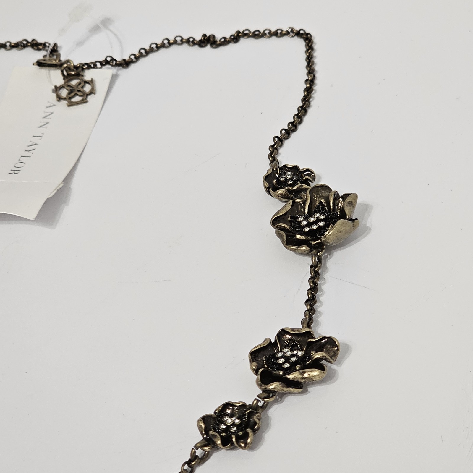 Ann Taylor Long Station Necklace Bronze Gold Floral Rhinestone Flower Chain NWT