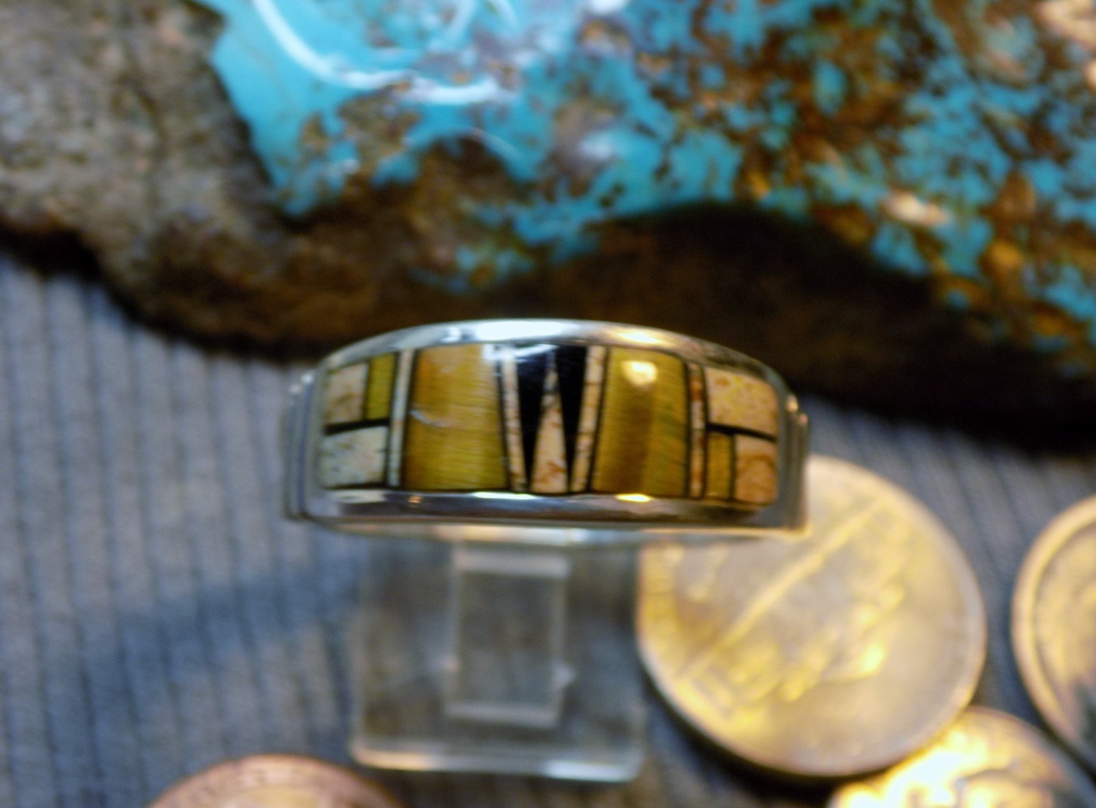 Size 13 1/2 Sterling Turquoise Multi Stone Inlay Navajo Mens Ring Rick Tolino