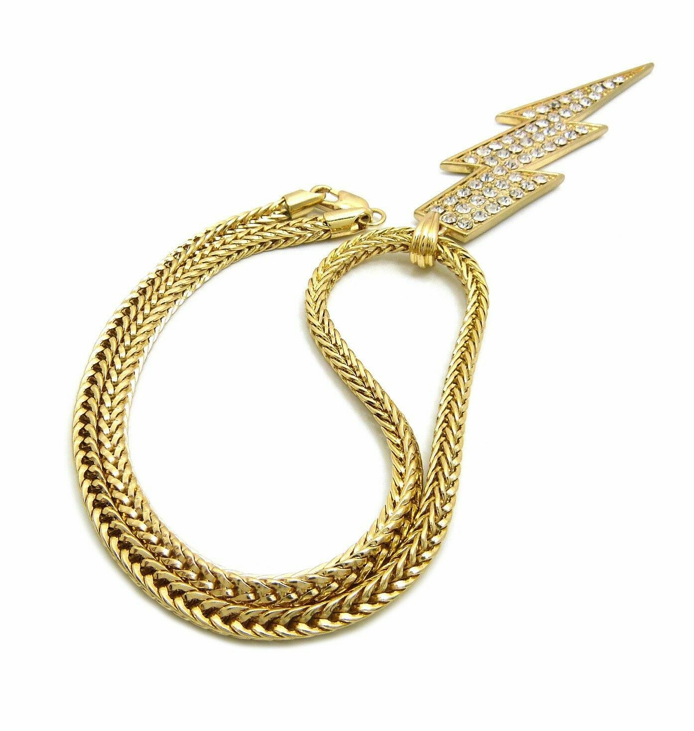 GOLD PLATED ALLOY CUBIC ZIRCONIA BOLT PENDANT & 18″ FRANCO CHOKER CHAIN NECKLACE