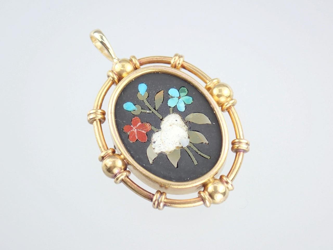 Fine Antique VICTORIAN Solid 18k Gold PIETRA DURA Mosaic Floral MOURNING PENDANT
