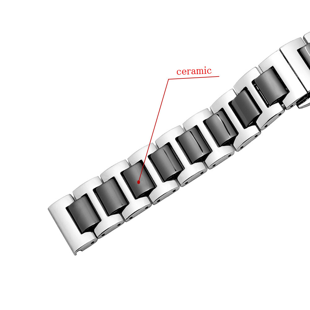 14mm 16mm 18mm 20mm 22mm Black White Stainless Steel + Ceramic Watch Strap Band