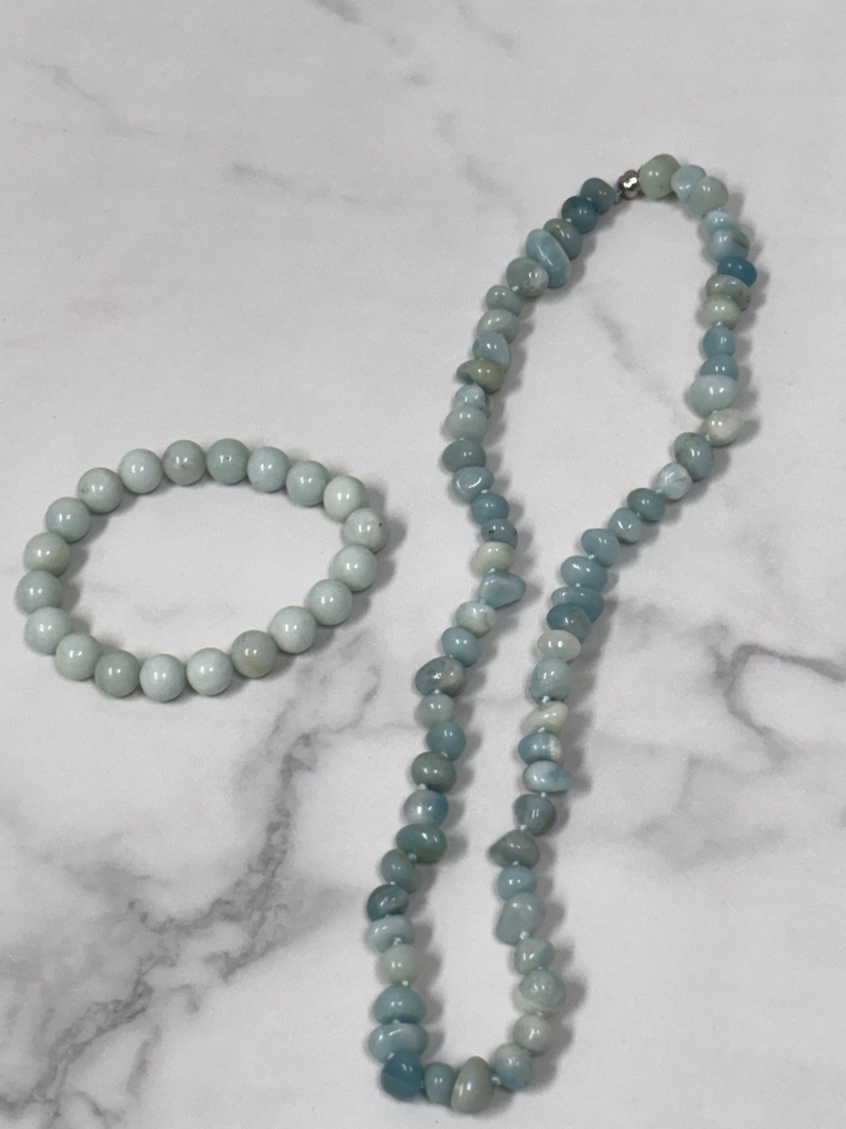 Larimar Or Aquamarine Necklace And Bracelet Hand Beaded Rare With 925 Clasp