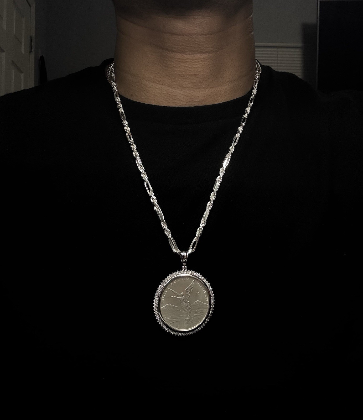 1oz 999 Libertad Centenario Coin with 925 Figarope Milano Chain Set CZ Bezel 24″