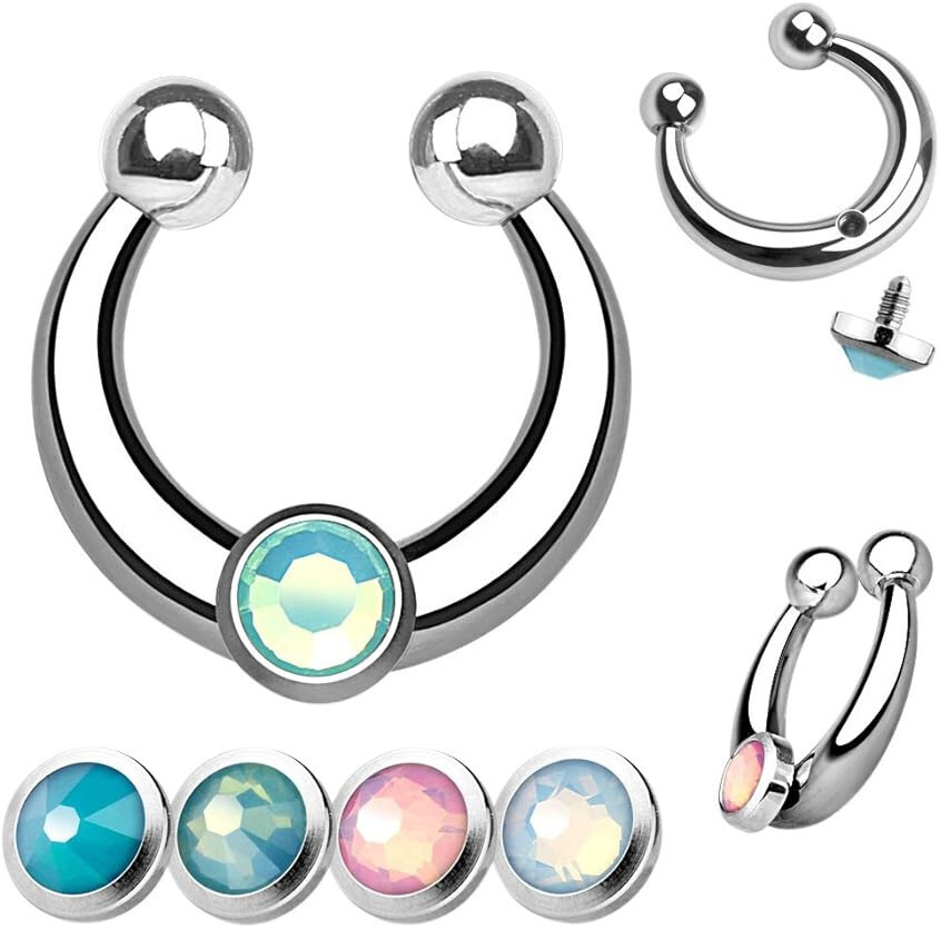 FAUX FAKE SEPTUM CLICKER CZ Clip-On Nose Ring Non-Piercing Hanger Hoop 9069 1