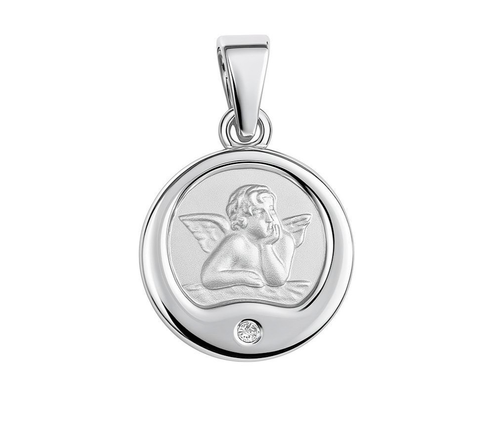 Silver 925 Ladies Shiny Pendant 12mm “Angel in Round” with Diamond 0.005ct