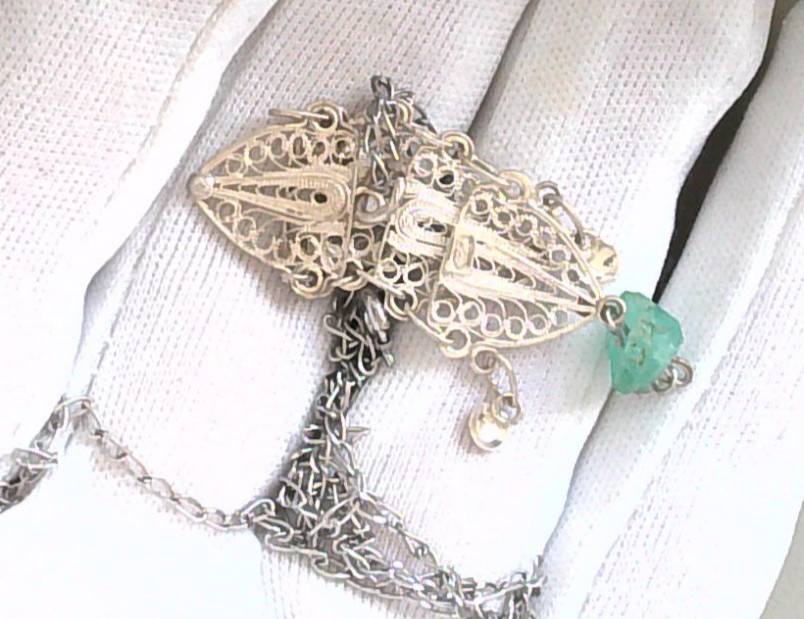 Untreated Natural Raw Colombian Emerald Filigree Silver Pendant