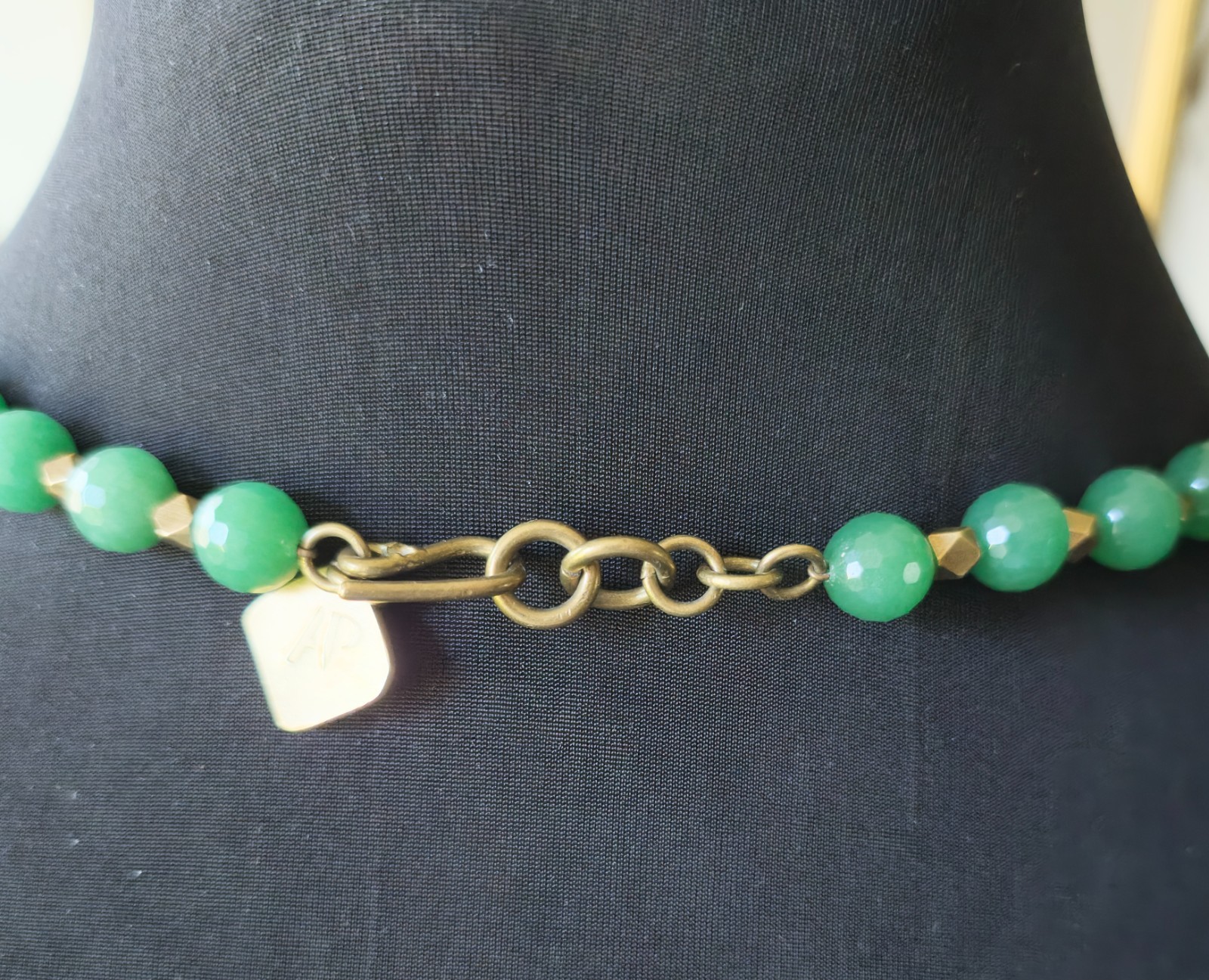 Signed Ashley Pittman Green Aventurine Gemstone Bead & Brass Bead Necklace 18″