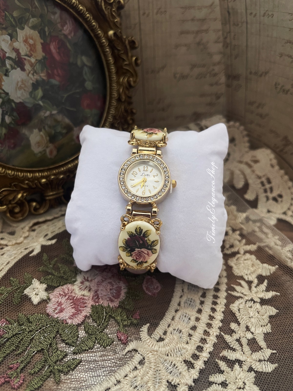 Vintage Rose Quartz Floral Bracelet Watch | Handmade Repurposed Gold Tone Unique
