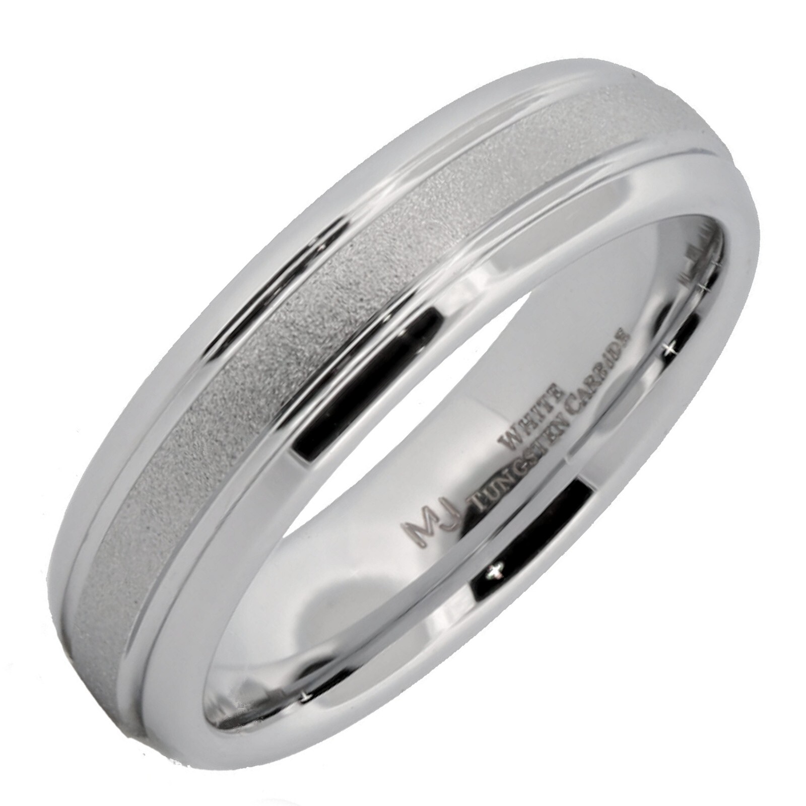 White Tungsten Carbide 6mm or 8mm Ring Sand Blasted Center Polished Edges