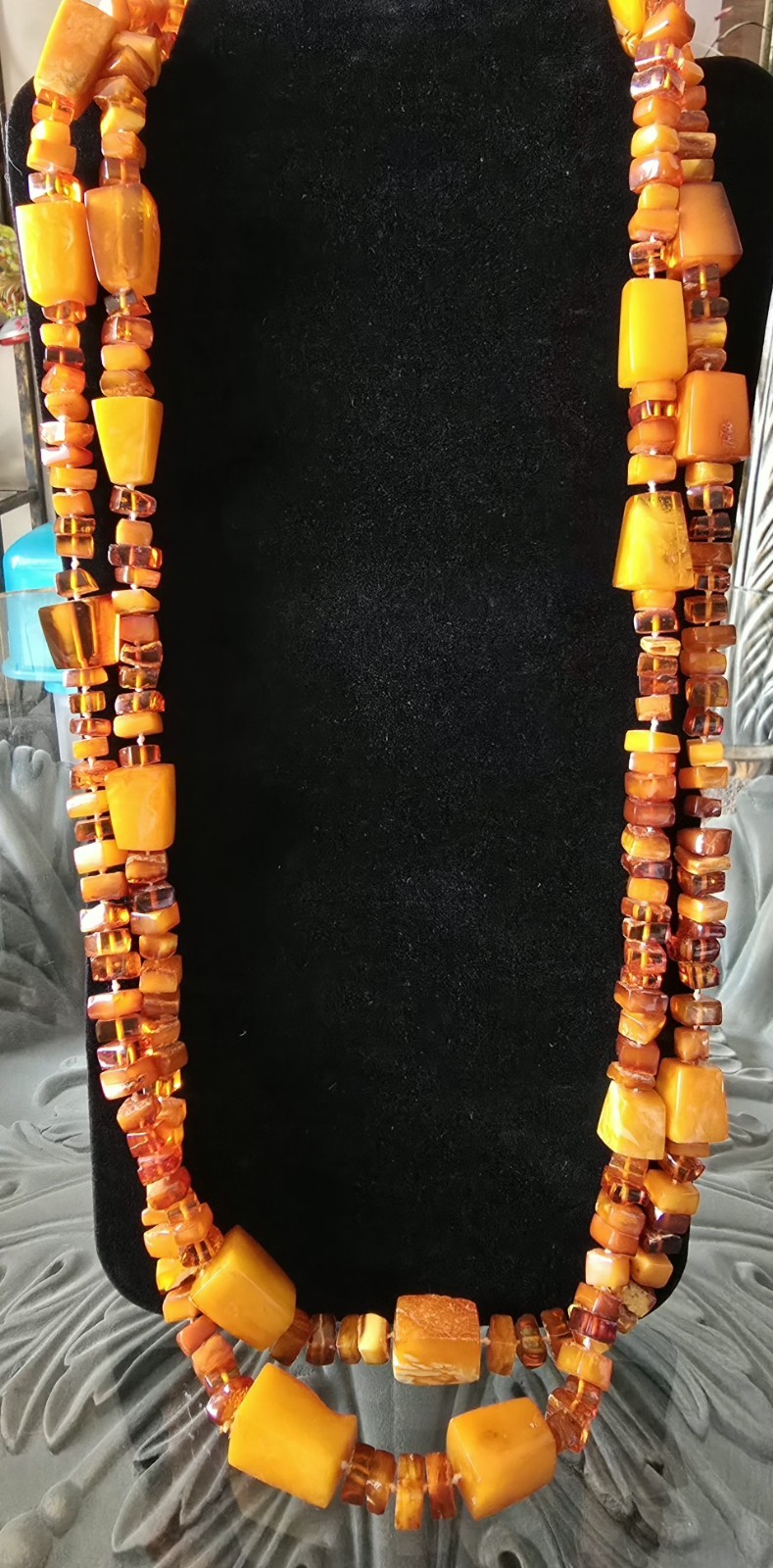 VTG GENUINE BALTIC EGG YOLK & HONEY AMBER BEADED NECKLACE 152 Grams☆ART DECO☆70″