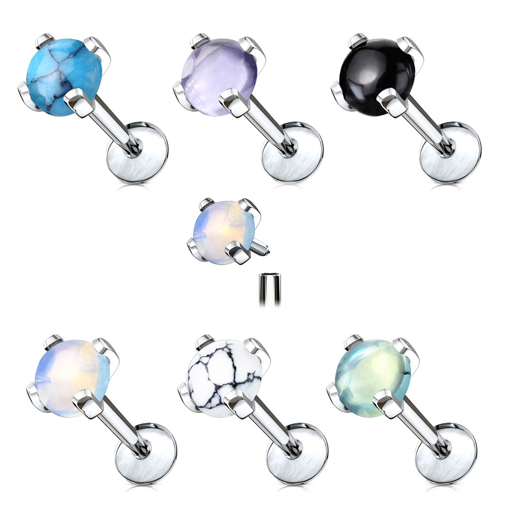 Labret Semi Precious Stone Prong Set Internally Threaded Cartilage Stud 16G