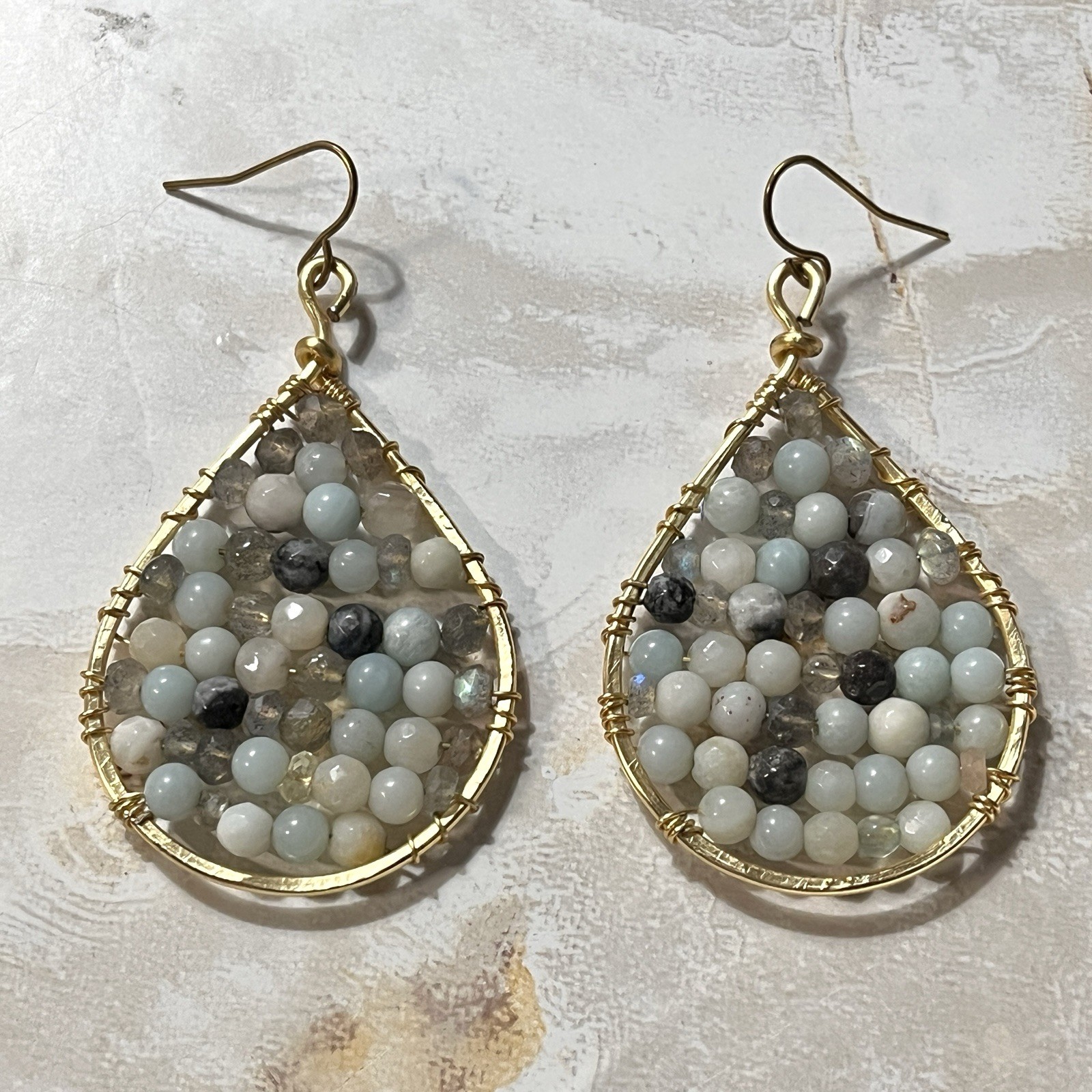 Goldtone Wire Wrapped Round Stones in Teardrop Earrings 1 1/4″ x 2 1/8″ Dangles