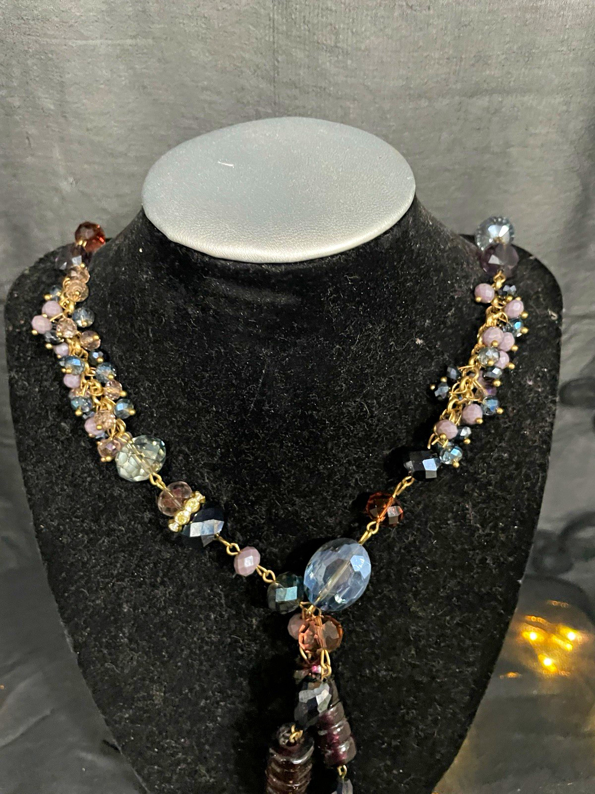 Gold Tone Oval multi strand Necklace w/ Blue Purple Crystal Beads,