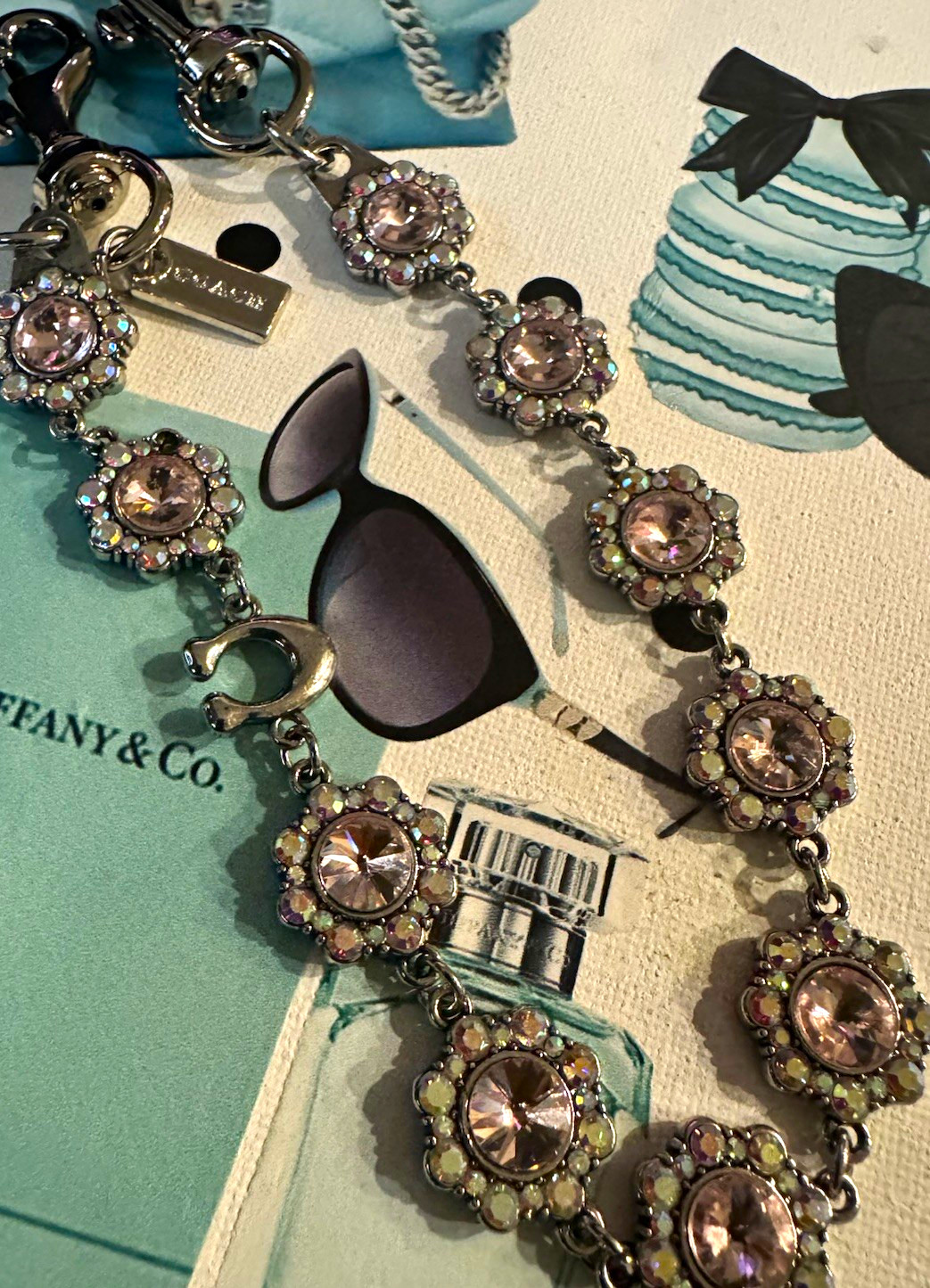 Silver-Tone Statement Link Necklace Pink Round Rhinestone/Crystal Flower Charm