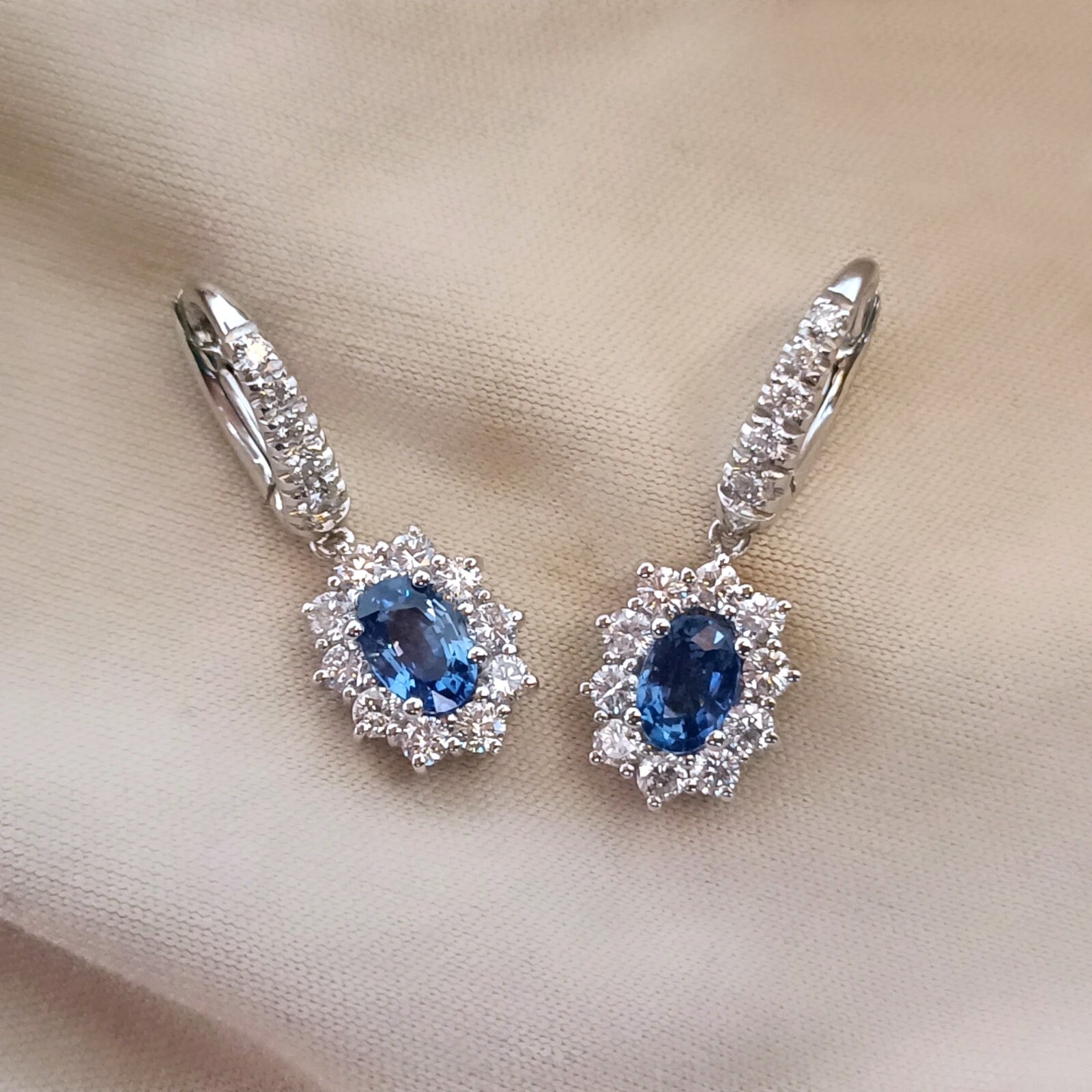 18kt White Gold Diamond Oval Blue Sapphire Nun Earrings