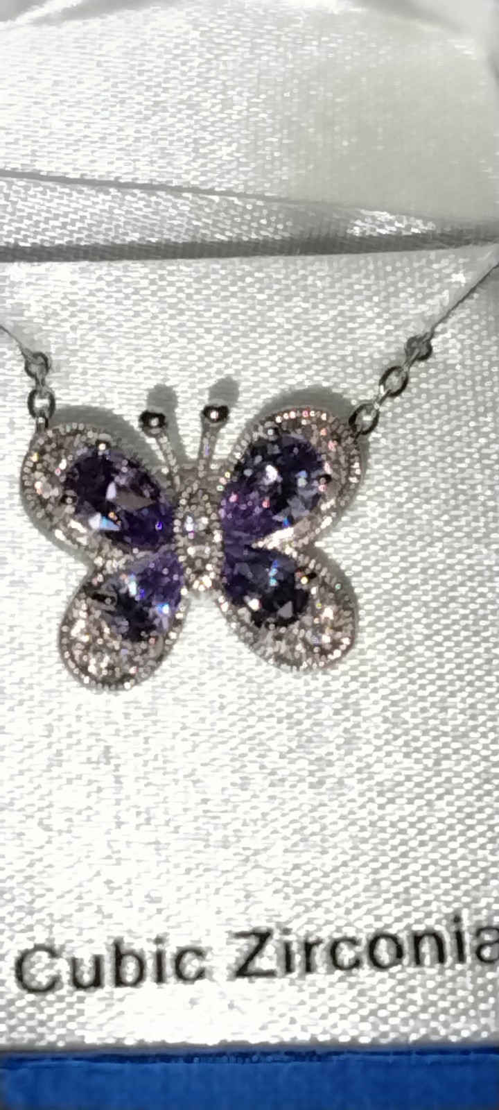 Silver Tone Purple Cubic Zirconia Butterfly Pendant Necklace, Pavé Crystal