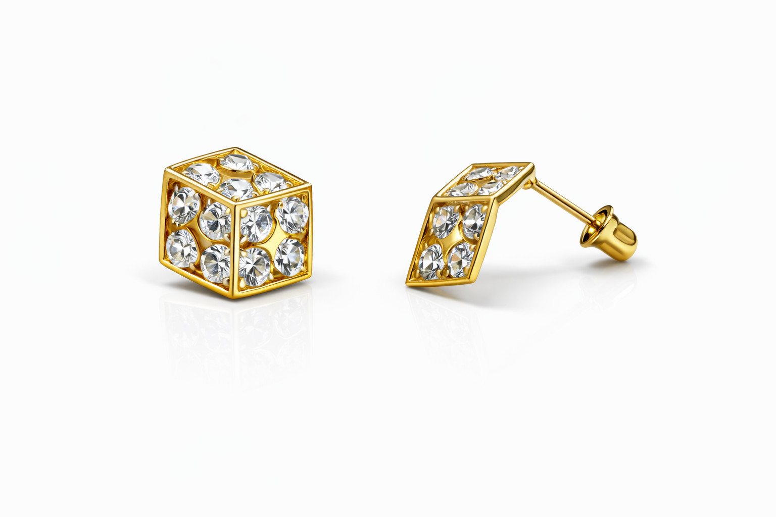 14K Yellow or White Gold Dice Stud Earrings Screw Back