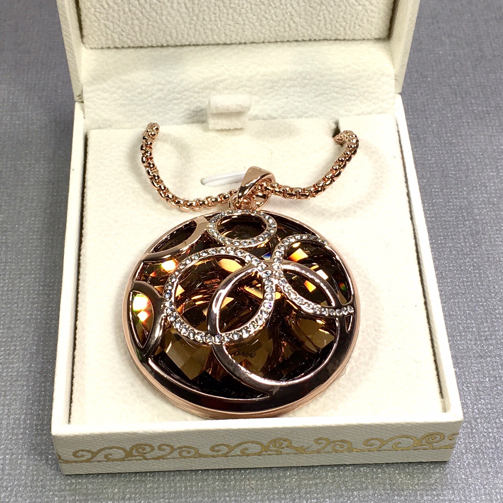 Qianse Fashion Rose Gold Color Amber Rhinestone Chunky Pendant W/ 32″ Box Chain