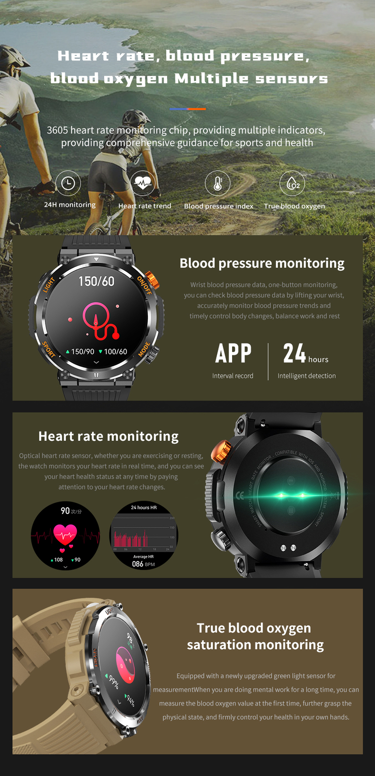 Smart Watch With LED Flashlight Heart Rate Sleep Monitor Fitness Tracker