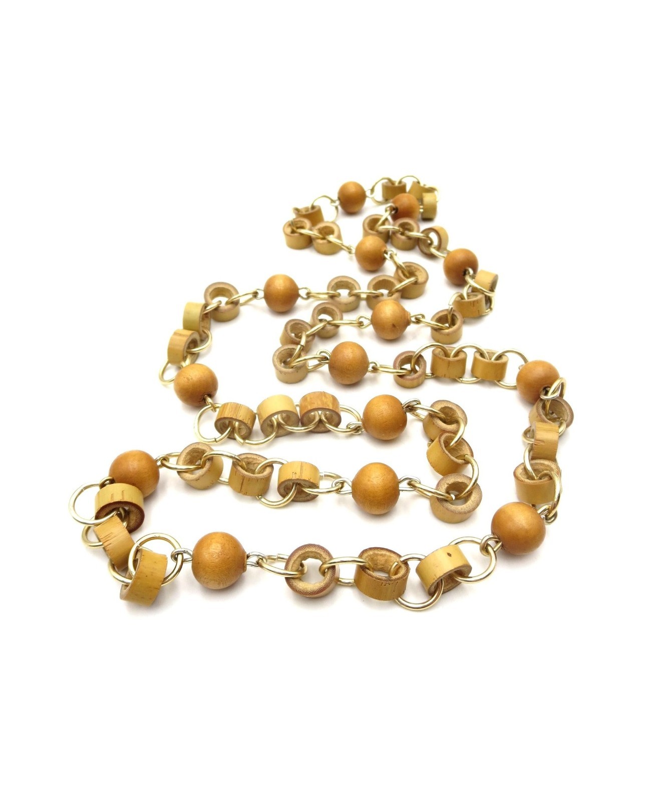 VTG Natural Boho Beige Bamboo & Wood Gold Tone 40″ Beaded Necklace Single Strand