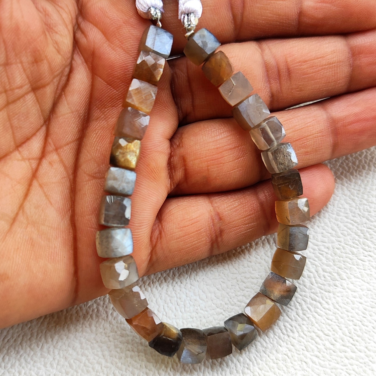 6.5mm Golden Shine Moonstone Faceted Cube Gemstone Beads 7″ Strand From India