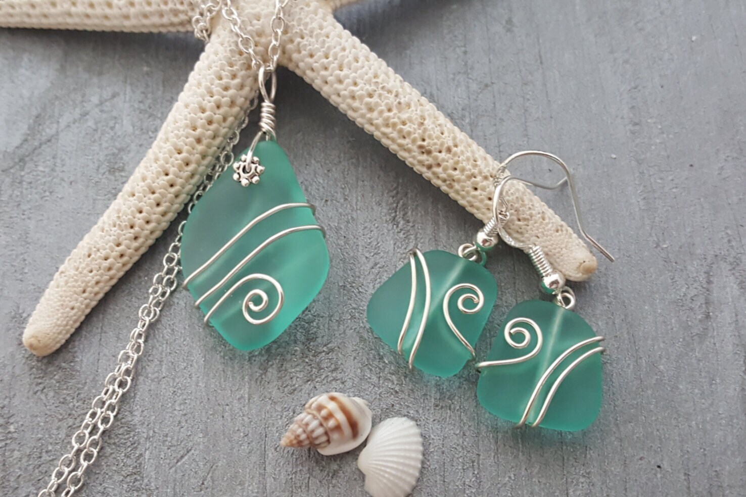 Hawaiian Jewelry Sea Glass Set, Wire Wrapped Aquamarine Necklace Earrings