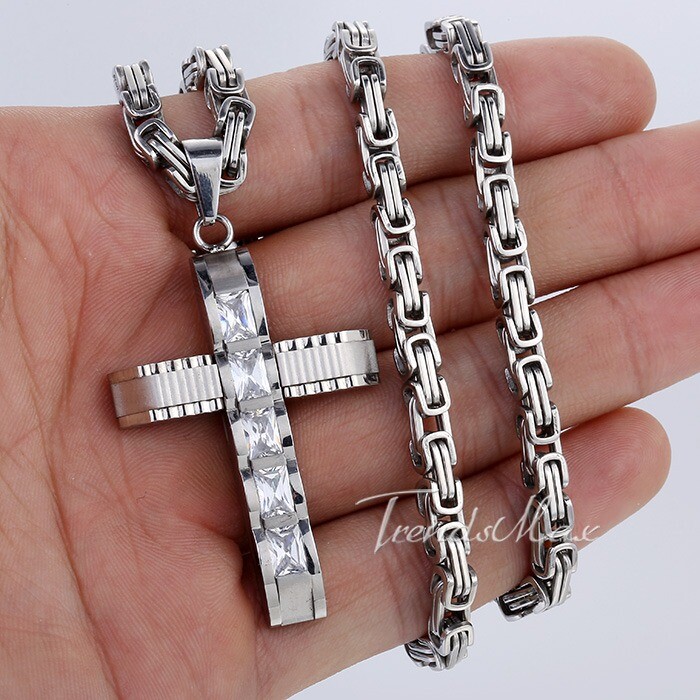 18-30“ Stainless Steel CZ Rhinestone Cross Pendant Necklace Flat Byzantine Chain