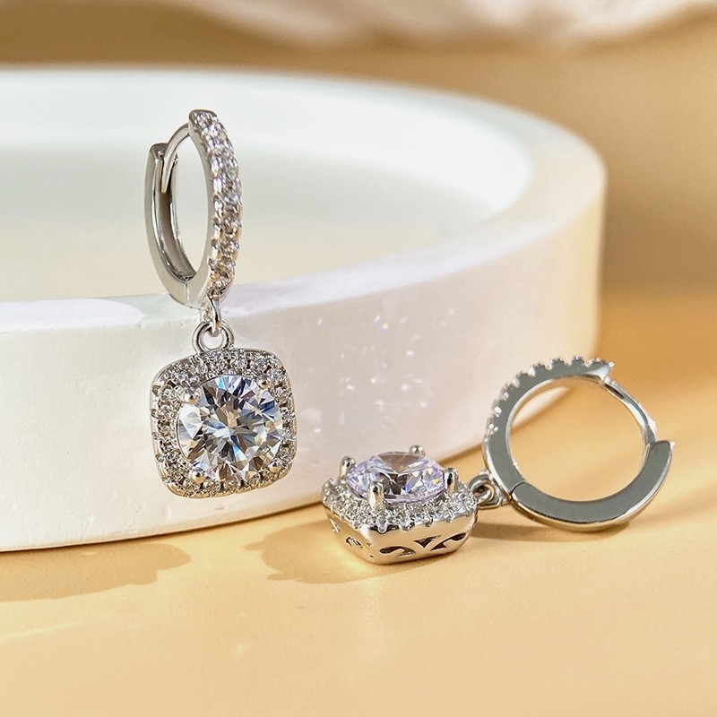 Shiny Elegant Huggie Drop Earrings with Cubic zirconia Inlaid Square Hanging