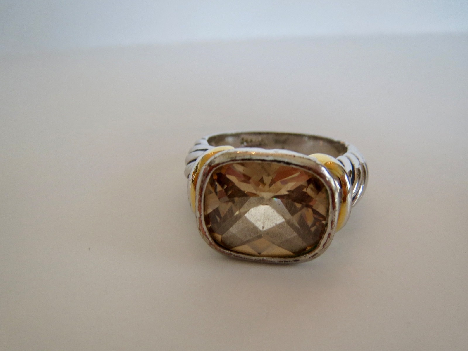 18K HG Electroplate Silver Twisted Cable Faceted Quartz RING Size 8 Two-Tone