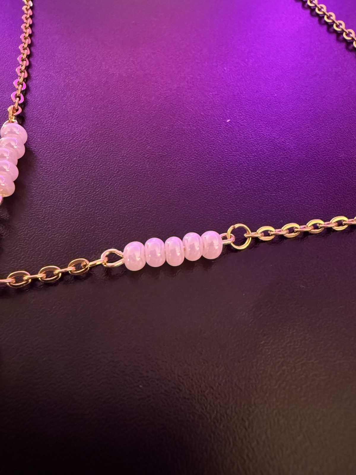Stainless Steel Cable Chain Necklace, White Glass Beads, Blue Heart Charm, 16in