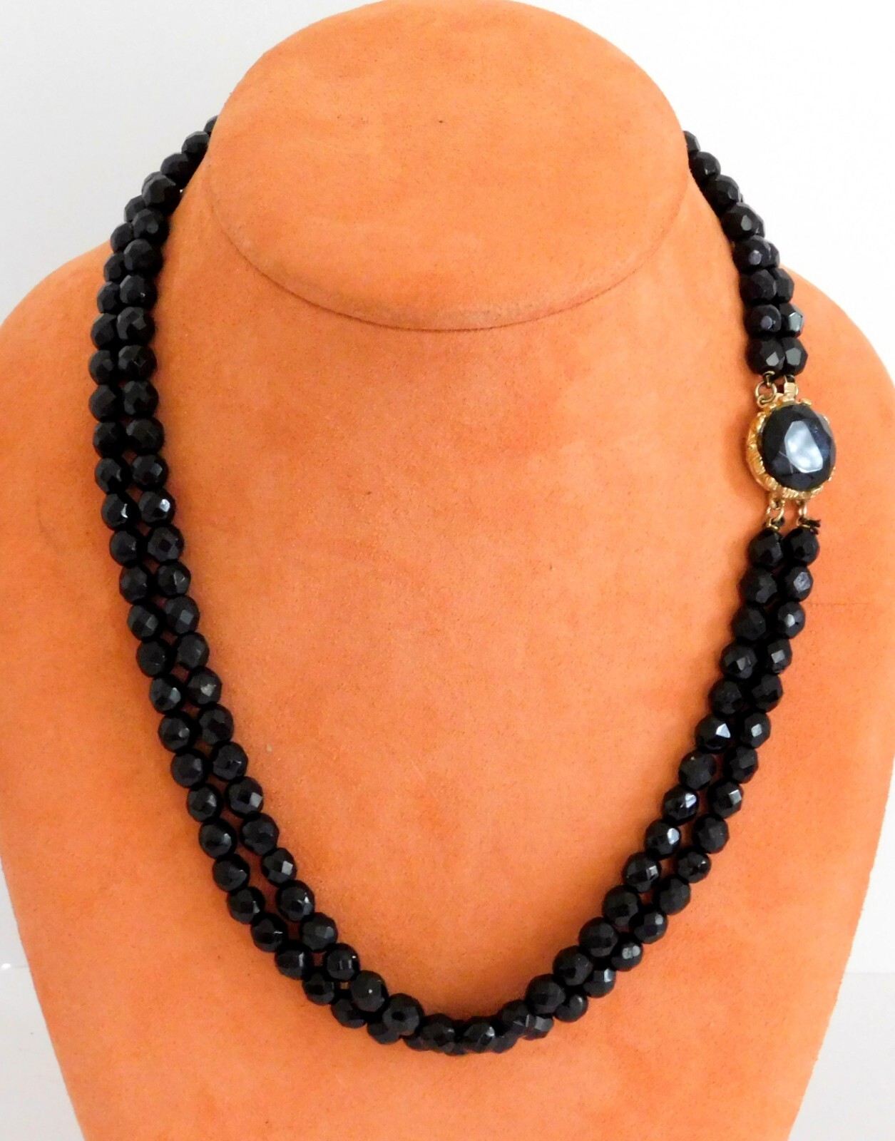 Gorgeous Vintage Jet Black Faceted Glass Double Strand Necklace Ornate Clasp