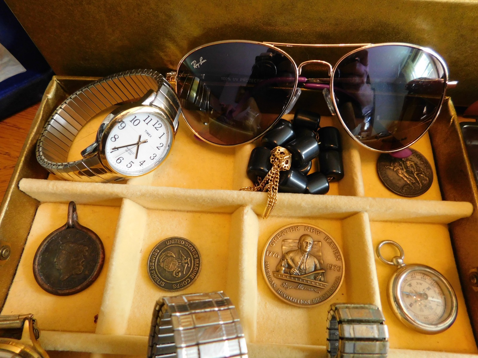 JEWELRY BOX LOT Mens Pins Necklaces Bracelets Chains Coins Watches Coins Tokens