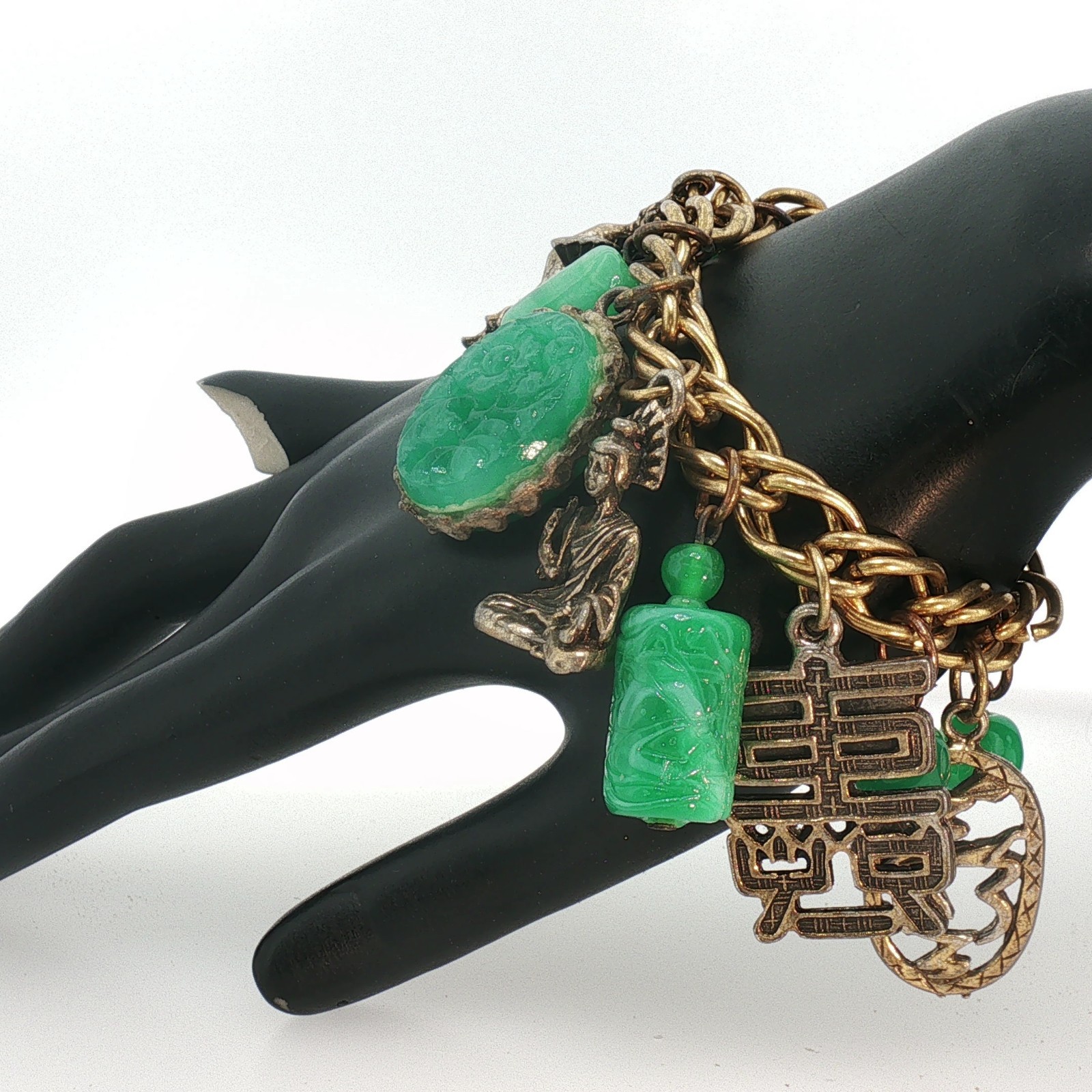 Vintage Gold Tone FOB Bracelet Green Carved Stone Jade‑Style Charms Asian Motif