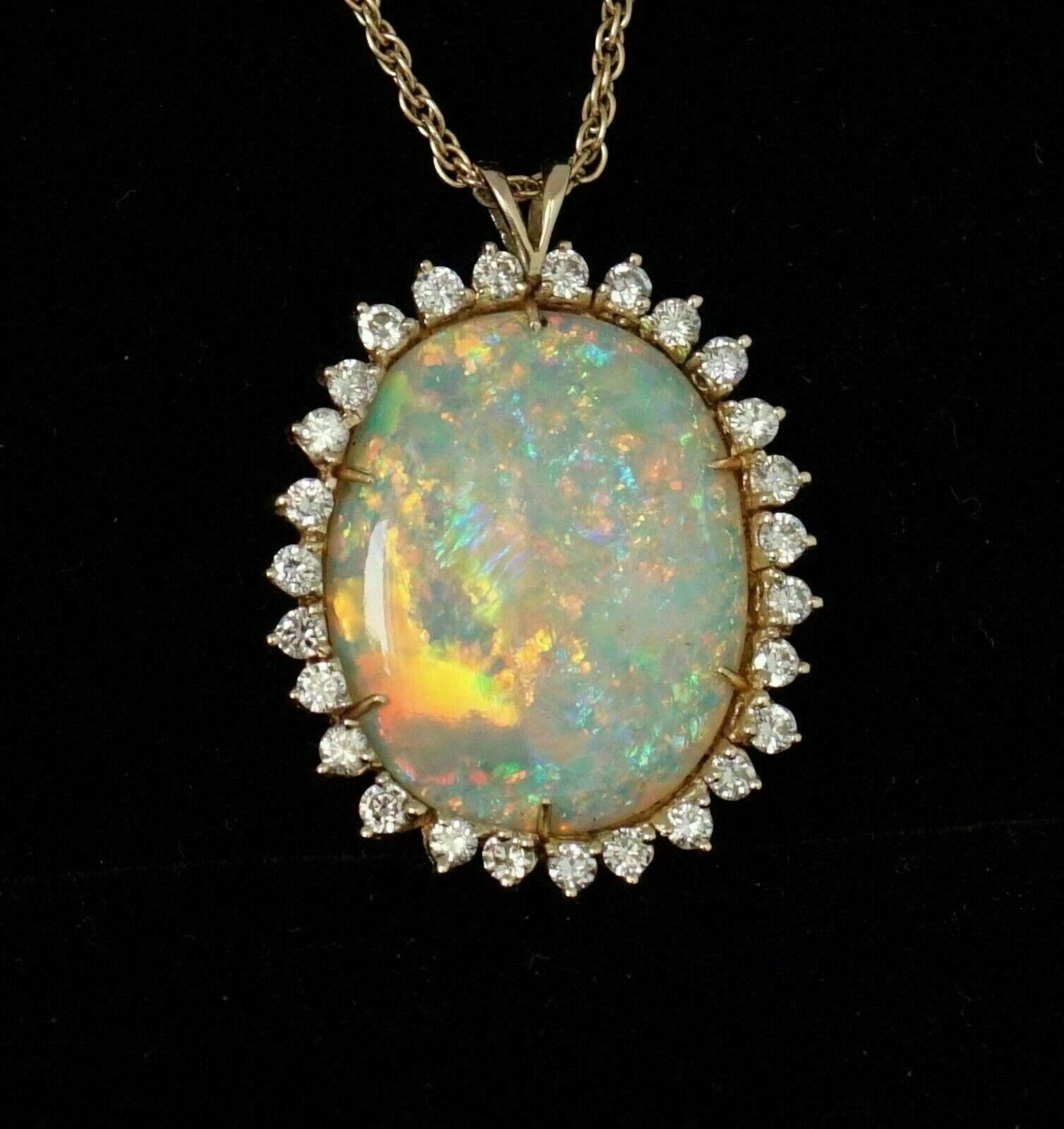 3Ct Oval Cut Opal & Diamond Halo Pendant 14K Yellow Gold Over 18″ Free Chain