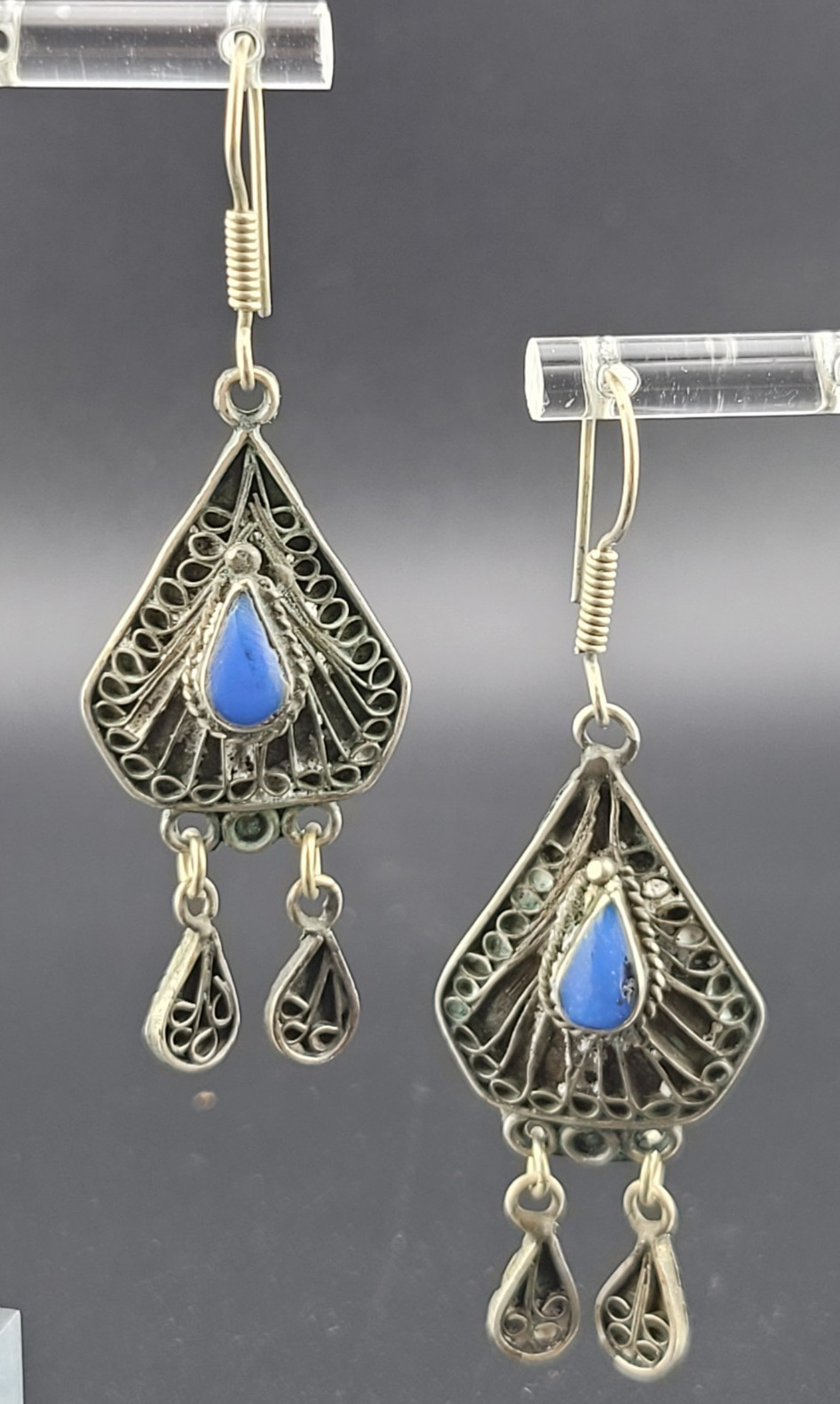 Vintage East India Blue Glass Stone Nickle Silver Chandelier Statement Earrings