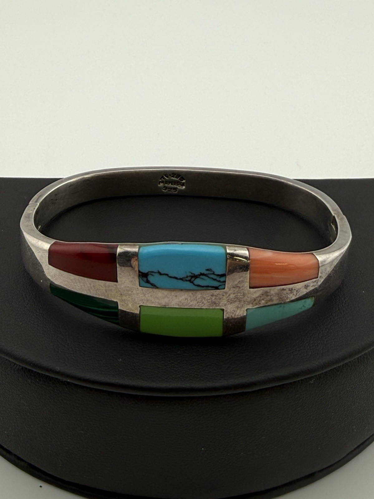 Multi Stone Taxco .925 Sterling Silver Bangle Bracelet Hinged 42 Grams #390