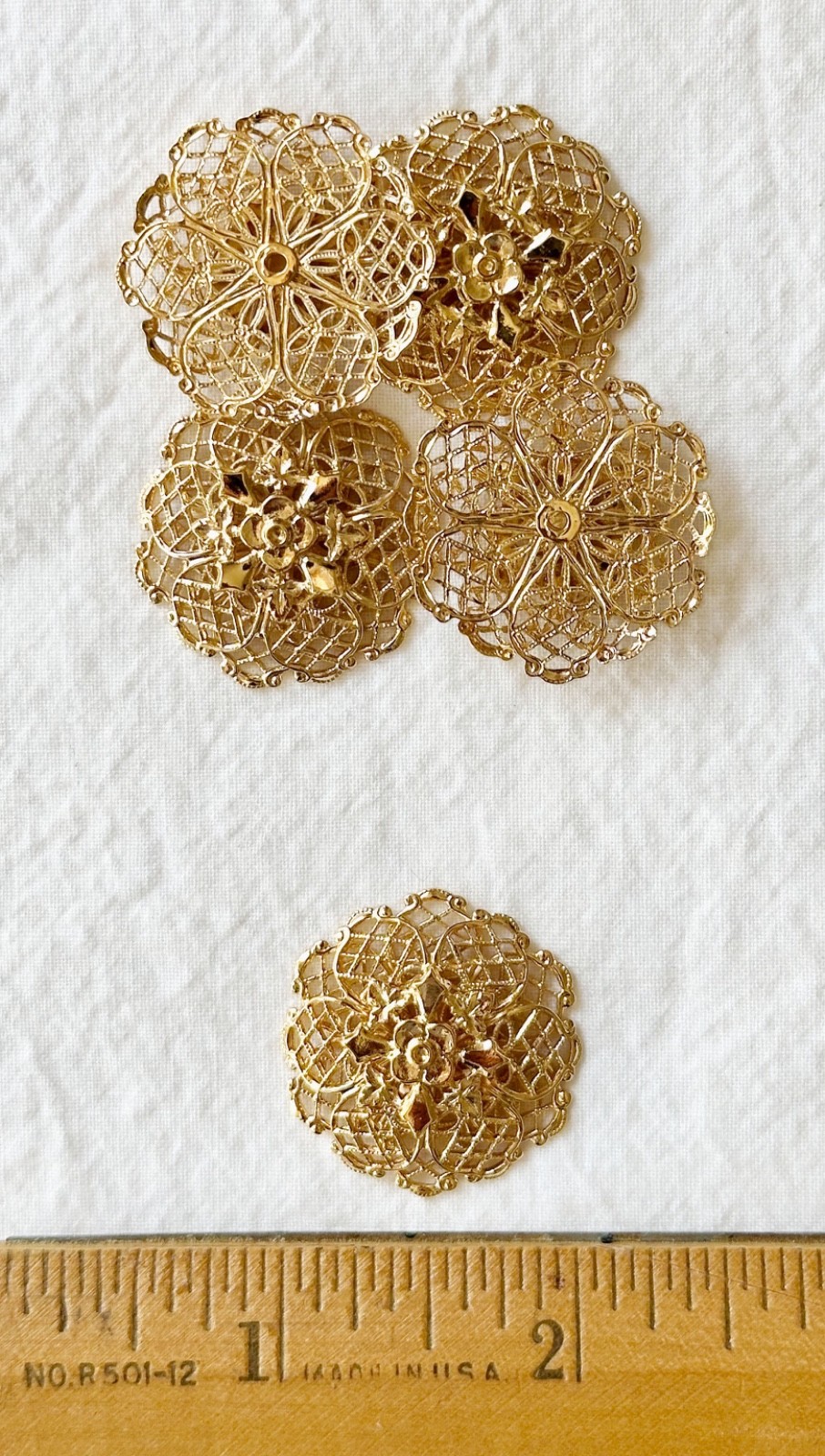Jewelry Stamping – Raw brass filigree flower w/14K gold plate – 10 pcs.