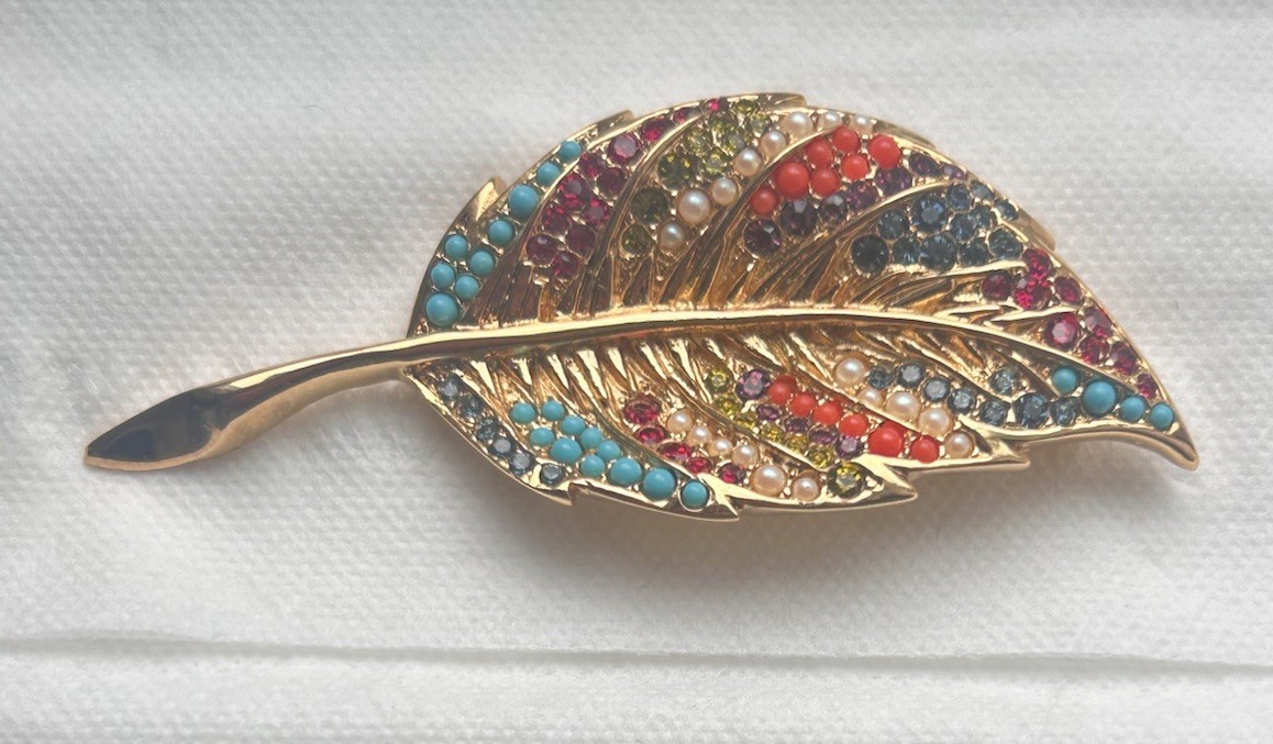 Vintage D’Orlan Rhinestone Enamel Leaf Pin Brooch J21