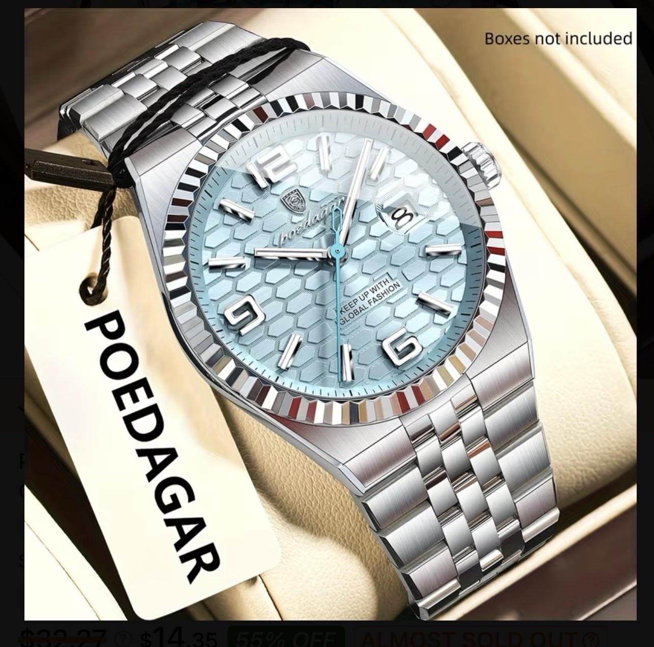 POEDAGAR Men’s Analog Quartz Watch 41mm SS Bracelet 3ATM Luminous Honeycomb