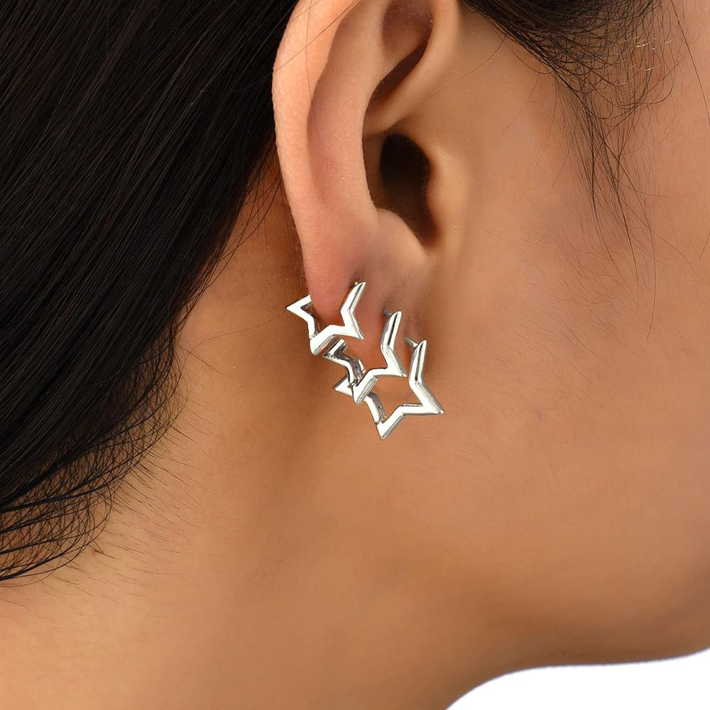 3 Pairs Silver Star Hoop Earrings Set for Women Small Y2K Huggie Earrings Trendy